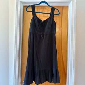 Cotton gauze midi dress with flounce hem, side zip, black. size 12P